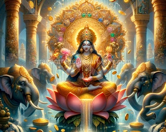 Godin Lakshmi downloaden: digitale kunst, Instant downloadbare achtergrond, downloadbare fantasykunst, digitale poster, hindoekunst, mythologie