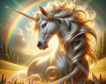 Könnte beinhalten: Ein majestätisches weißes Einhorn mit goldenem Horn und fließender Mähne, geschmückt mit einem Blumenkranz, ruht in einer sonnenbeschienenen Wiese. Ein lebhafter Regenbogen spannt sich über den Himmel, mit einem Feld bunter Wildblumen im Vordergrund.