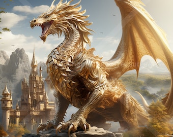 Gouden draak downloaden: digitale kunst, Instant downloadbare achtergrond, downloadbare fantasykunst, digitale poster, drakenkunst, mythologie