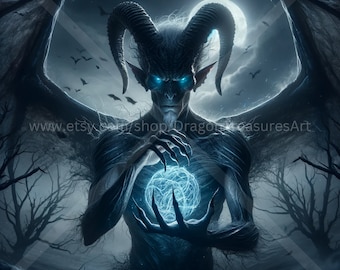 Pobierz Lunar Demon: Sztuka cyfrowa, Tapeta do pobrania natychmiast, Sztuka fantasy do pobrania, Plakat cyfrowy, Sztuka aniołów, Sztuka demonów