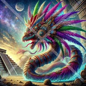 May include: A colorful, feathered serpent with a headdress, standing in front of a Mayan pyramid. The serpent is adorned with intricate patterns and jewels, and its eyes are glowing. The background is a vibrant sunset sky with stars.