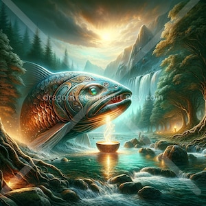 May include: A large, intricately patterned, golden and teal fish with a glowing mouth, rising from a river in a lush forest setting. The fish is facing a golden bowl with a glowing flame inside. A waterfall cascades down a rocky cliff in the background.