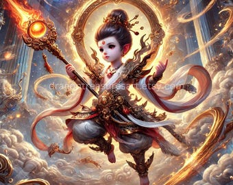 Nezha, l'enfant dieu téléchargement : art numérique, papier peint à téléchargement immédiat, art fantastique téléchargeable, affiche numérique, art chinois