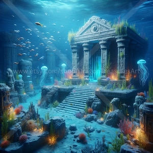 Underwater Ruins Download: Digital Art, Instant Downloadable Wallpaper, Downloadable Fantasy Art, Digital Poster, City Art, Mythology