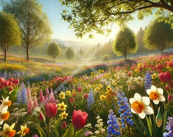 Spring Flowers Blooming Download: Digital Art, Instant Downloadable Wallpaper, Downloadable Landscape Art, Digital Poster, Art, Nature
