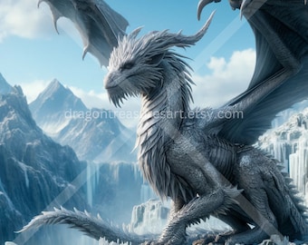 Snow Dragon Download: Digital Art, Instant Downloadable Wallpaper, Downloadable Fantasy Art, Digital Poster, Mythical