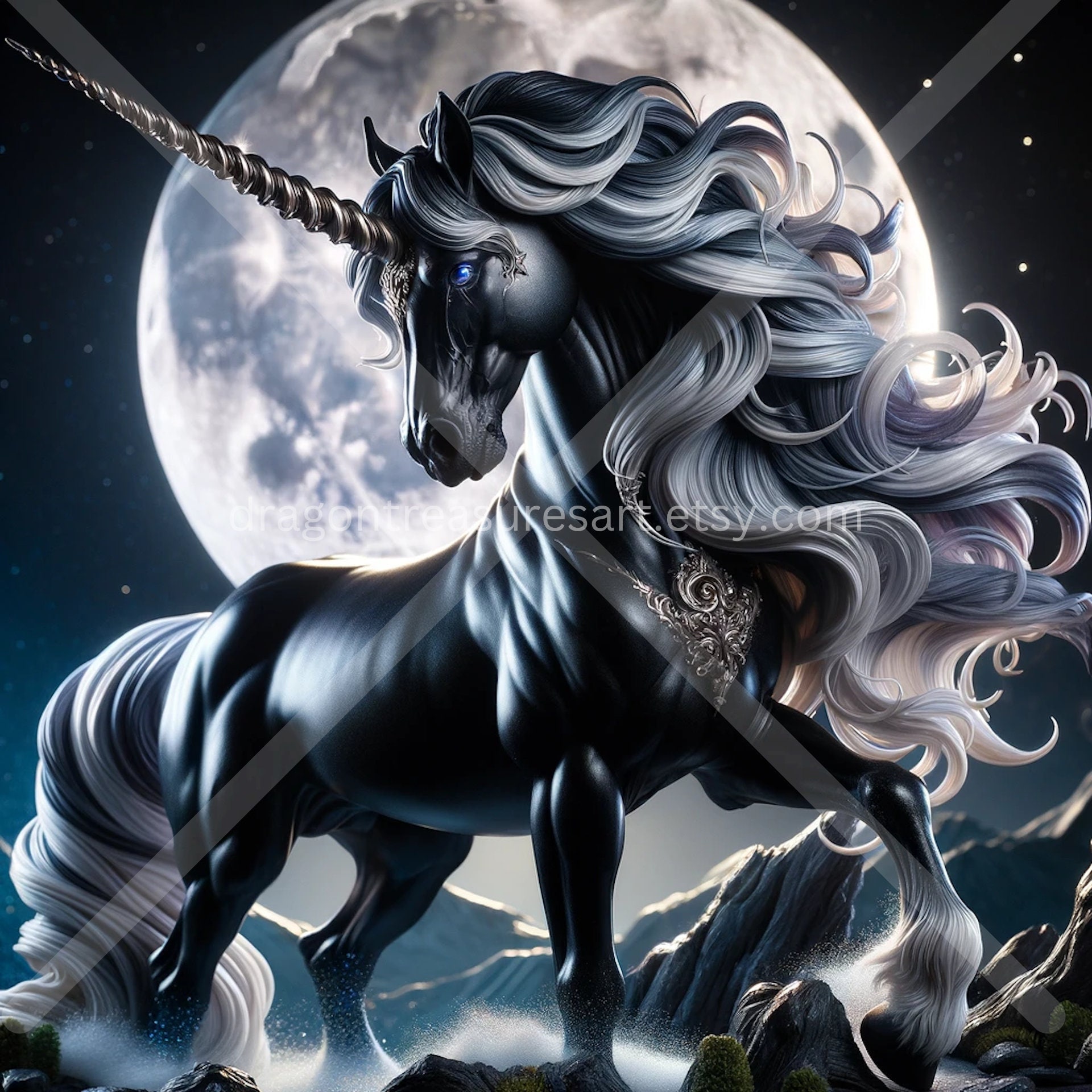 Lunar Unicorn Download: Digital Art, Instant Downloadable Wallpaper, Downloadable Fantasy Art, Digital Poster, Beast Art, Mythology