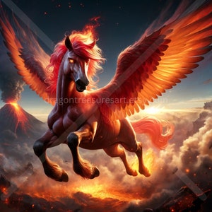 Fire Pegasus Download: Digital Art, Instant Downloadable Wallpaper, Downloadable Fantasy Art, Digital Poster, Beast Art, Mythology