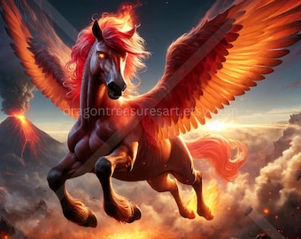 Fire Pegasus Download: Digital Art, Instant Downloadable Wallpaper, Downloadable Fantasy Art, Digital Poster, Beast Art, Mythology