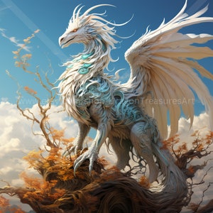 May include: A white dragon with blue and white markings stands on a tree branch with autumn leaves. The dragon has large wings and a long tail. The background is a blue sky with white clouds.