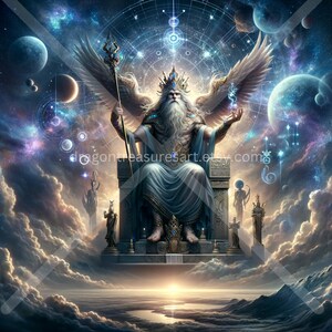 May include: A powerful, bearded figure with a crown and wings sits on a throne, holding a trident. The figure is surrounded by stars and planets, suggesting a cosmic or celestial theme. The image is a digital painting.
