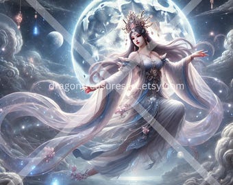 May include: A woman in a flowing white and blue dress with a crown of flowers on her head stands in front of a large, bright moon. She has long, flowing white hair and is surrounded by stars and clouds.