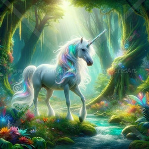 Einhorn im verzauberten Wald Download: Digitale Kunst, sofort herunterladbare Tapete, herunterladbare Fantasy Kunst, digitales Poster, Tierkunst