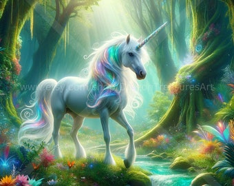 Unicorn In Enchanted Forest Download: Digital Art, Instant Downloadable Wallpaper, Downloadable Fantasy Art, Digital Poster, Beast Art