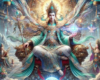 May include: A celestial being, adorned in a gold and turquoise robe, sits on a throne with a golden staff in hand. The being is surrounded by clouds and a glowing orb. The background features a celestial scene with stars and planets.