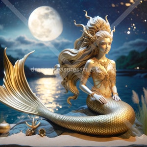 Golden Mermaid Download: Digital Art, Instant Downloadable Wallpaper, Downloadable Fantasy Art, Digital Poster, Beast Art, Mythology