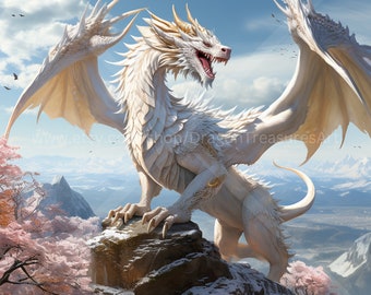 White Mountain Dragon Download: Digitale Kunst, sofort herunterladbares Hintergrundbild, herunterladbare Fantasy-Kunst, digitales Poster, Drachenkunst, Mythologie