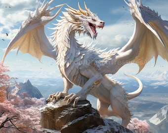 White Mountain Dragon Download: Digital Art, Instant Downloadable Wallpaper, Downloadable Fantasy Art, Digital Poster, Dragon Art, Mythology