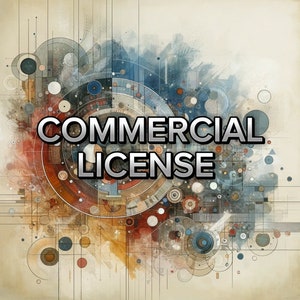 May include: Abstract digital art with a beige background, featuring a complex network of geometric shapes in shades of blue, red, and brown. The words "COMMERCIAL LICENSE" are prominently displayed in a silver, bold font.
