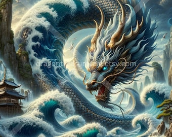 Drachengott Download: Digitale Kunst, sofort herunterladbare Tapete, herunterladbare Fantasy Kunst, digitales Poster, japanische Mythologie
