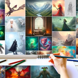 May include: A collage of digital art images featuring fantasy and nature scenes. The images include a dragon, a woman in a white dress, a forest scene, a window with a view, a woman in a green dress, a mountain scene, a man in a black cloak, a green orb, a pink creature, a boat on a lake, a hand drawing on a sketchbook, and a monster with glowing eyes.