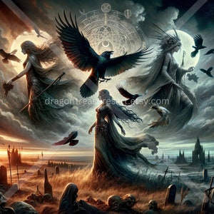 May include: Three women in flowing robes stand in a graveyard with crows flying around them. The women are surrounded by a circle of clouds and a celestial symbol. The scene is dark and mysterious, with a sense of magic and wonder.