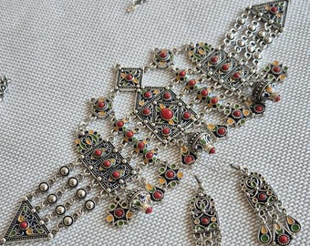 Bracelet Manchette Berbère Kabyle Ancien En Argent - Bijou Traditionnel Arabe Avec Corail - Occasion