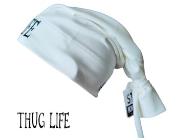 Lot de 2 bonnets Thug Life à nouer, blanc, style hip-hop inspiré par Street Knowledge