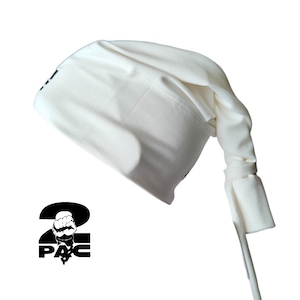 May include: White cotton beanie with a long tail that can be tied. The beanie has a black 2PAC logo with a fist.
