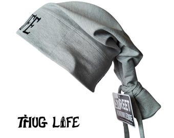 Berretto Thug Life con cravatta grigia, cappello hip-hop ispirato alla conoscenza della strada