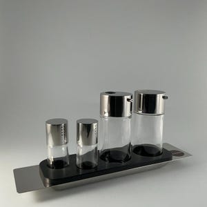 Alessi Italy – Programma 8 80D Condiment Set 1970s – Design by Franco Sargiani Eija Helander – Stainless Steel & Glass