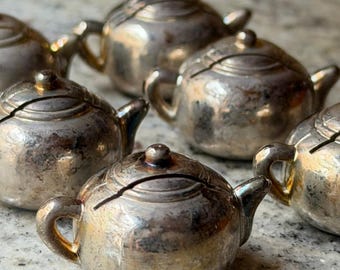 Portatarjetas de menú vintage con tetera plateada (juego de 6) para decoración de bodas