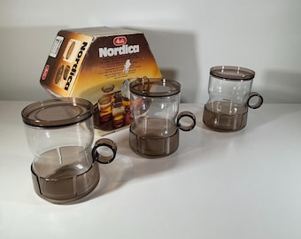 Zestaw zabytkowych kubków Melitta Nordica | Filiżanki do kawy ze szkła dymnego, Niemcy, lata 70.