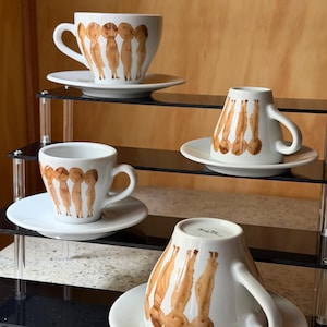 Juego de tazas de café y espresso vintage Poul Pava "Great Guys" - Diseño danés de Aida - Juego de 8 piezas con platillos - Porcelana de arte moderno de mediados de siglo