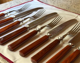 Juego de cubiertos alemanes vintage Carl Voos Solingen - Juego de 12 piezas de cuchillo y tenedor MCM - Acero inoxidable Rostfrei con mangos de imitación de palisandro