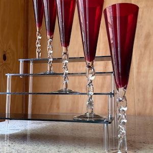 Auténticas copas de champán Murano Ruby Red – Cristal veneciano soplado a mano con tallos retorcidos en espiral transparente – Juego de 5 – Marcado Pontil Italian Ar