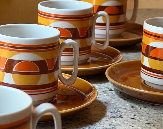 Featured listing image: Tognana Porcellane Espresso Set (6) • Vintage Italian 1970s Geometric Coffee Cups + Saucers