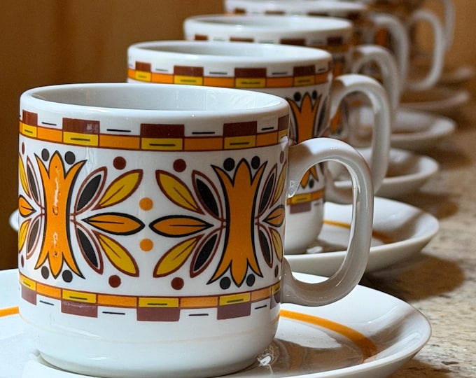Featured listing image: Monopoli Porcellane Espresso Set (6) • Vintage Italian 1970s geometric floral  Coffee Cups + Saucers