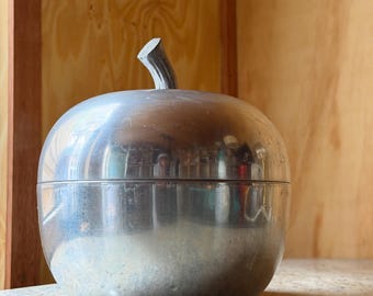 Rare Italian Aluminum Apple Ice Bucket | MCM Hollywood Regency Statement Barware | Sculptural Brushed Metal Fruit Cooler | 1970s Made Italy