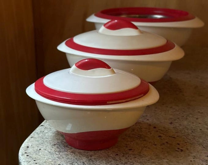Featured listing image: Cassetti Italy Thermoware Set (3) • Red & White Insulated Serving Bowls • Vintage Mid-Century Kitchen • Two Lids