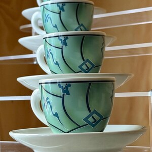 Vintage Art-Design Germany Espresso Cup Set – Postmodern Memphis Style Geometric Porcelain – Seafoam Green & Blue 8pc Set with Saucers