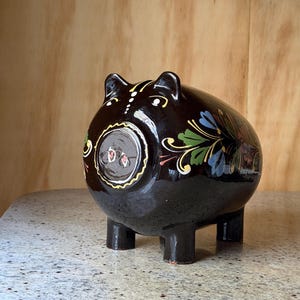 Large Vintage Hungarian Folk Art Piggy Bank | Black Glazed Hand Painted Ceramic Coin Bank | Hódmezővásárhely Pottery | 20cm Folk Pig