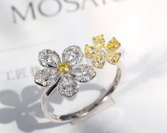 18K Gold Daisy Yellow Diamond Ring, French Romantic Style