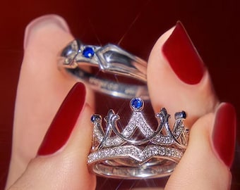 18K Gold Ritter und Krone Paarring Blauer Saphir britische königliche Ehering