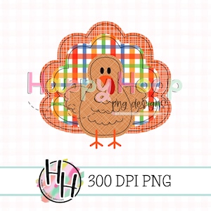 May include: A cartoon turkey with a plaid patterned tail feathers. The turkey is brown with black eyes and a red beak. The background is white.