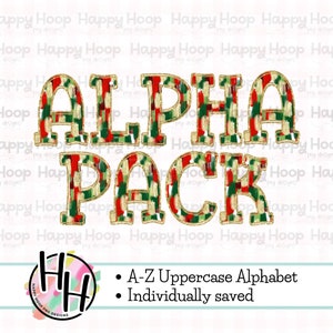May include: A Christmas themed alphabet pack with gold glitter accents. The letters are red, green, and gold with a brushstroke pattern. The letters spell out "ALPHA PACK".