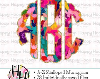 Painted Florals Glitter Scalloped Monogram, Full Alphabet Monogram, Doodle Monogram PNG, Floral Alpha Pack, Floral Monogram PNG Alpha Set