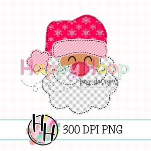 May include: A pink and red Santa Claus face with a white snowflake pattern on the hat. The beard is a grey and white plaid pattern. The image is a 300 DPI PNG file.