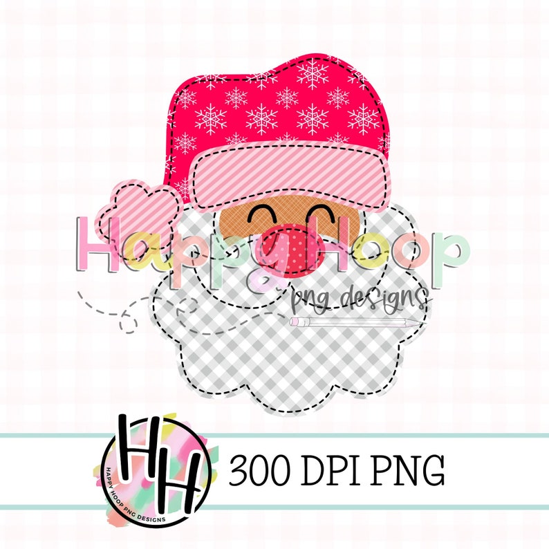 May include: A pink and red Santa Claus face with a white snowflake pattern on the hat. The beard is a grey and white plaid pattern. The image is a 300 DPI PNG file.