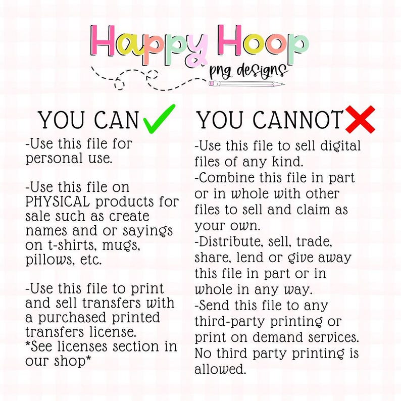 Puede incluir: Gr&aacute;fico con el texto "Happy Hoop png designs" en la parte superior, en una fuente colorida y l&uacute;dica. El gr&aacute;fico enumera lo que se puede y no se puede hacer con el archivo, incluido el uso personal y la venta de productos f&iacute;sicos.